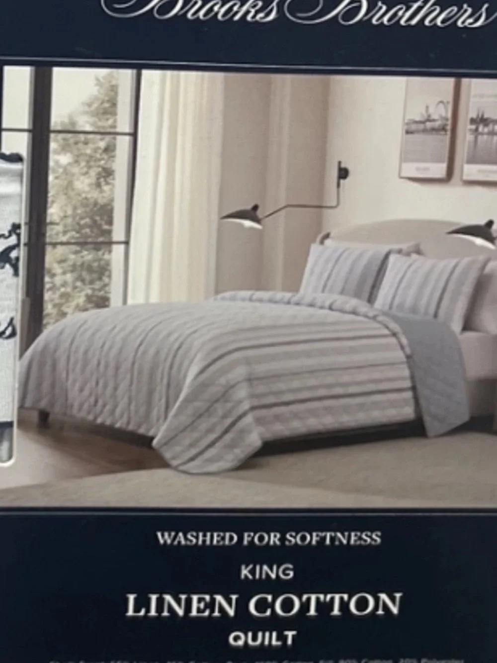 Brooks Brothers King Linen Cotton Quilt - Light Gray with Subtle Stripes